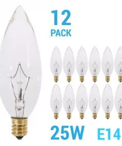 (12 Pack) Clear Chandelier Bulbs 25W Watt European Base E14 Torpedo Tip 120V
