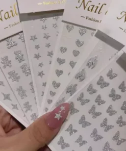 White Glitter Nail Stickers Heart Star Butterfly Bear Flame Transfer Decal NS53
