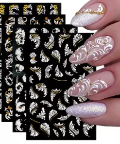 Wedding 5D Nail Stickers Embossed Black & White Cane Vine Decals Art Decora NH7