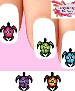 Waterslide Nail Decals Set of 20 - Colorful Turtle with Hibiscus Assorted