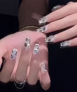 Sparkling Rhinestones False Nail Long Coffin Press on Nails for Nail Art 24pcs
