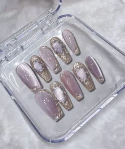 Handmade False Nail Purple Cat's Eye Coffin Press on Nails for Nail Art 10PCS