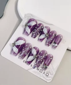 Handmade False Nail Sparkling Purple Coffin Press on Nails for Nail Art 10PCS