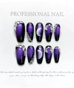 Handmade False Nail Shiny Purple Long Coffin Press on Nails for Nail Art 10PCS