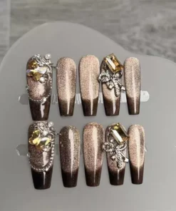 Handmade False Nail Shiny Cat's Eye Coffin Press on Nails for Nail Art 10PCS