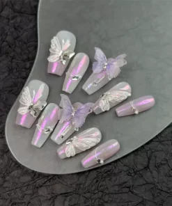 10pcs Coffin Handmade Nail Aurora Purple Butterfly Press on Nails for Nail Art