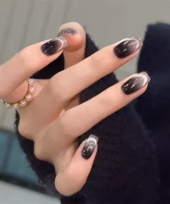 10PCS Long Coffin Handmade Press-On Nails Dynamic French Cat's Eye Manicure