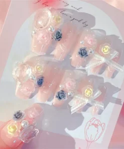 24pcs Coffin Long False Nail French Camellia Glitter Press on Nails for Nail Art