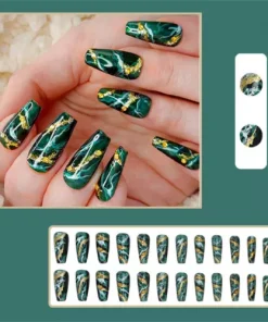 24pcs Blooming Green Glitter False Nail Long Coffin Press on Nails for Nail Art