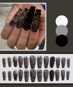 24Pcs Black Butterfly False Nails Long Coffin Press On Nails for Nail Art Salon