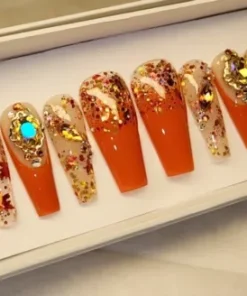 Handmade press on nails  Fall Leaves Coffin Long Length