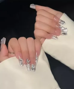 Soild Glitter Butterfly False Nail Long Coffin Press on Nails for Nail Art 24pcs