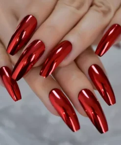 24 Red Chrome Press on Nails kit glue on extra long coffin mirror