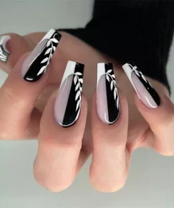 White Leafs French False Nail Long Coffin Press on Nails for Nail Art 24pcs