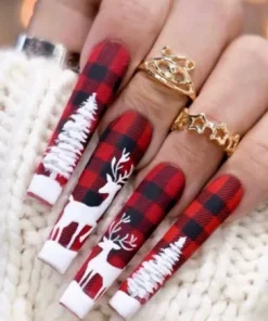 White Christmas Tree Red Plaid Long Press On Nails NEW deer Stocking Stuffer