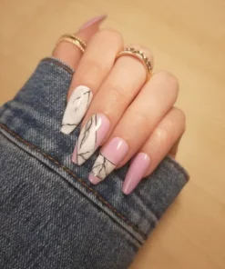 Handmade Press On Nails Pink White Balck Marble Coffin Ballerina Custom 20 pcs