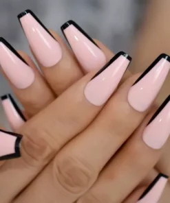 24 Press on nails kit w glue Long Coffin Black rim pink