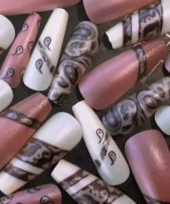 SKINNY LONG COFFIN MATTE *PAISLEY DANCE* Full Cover 24 Nail Tips Glue Set!