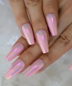 24 Pink Chrome Press on nails kit holographic long coffin with glue